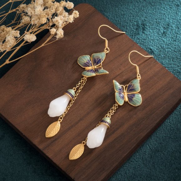 Gold Plated Flower Jade Drop Dangle Earrings